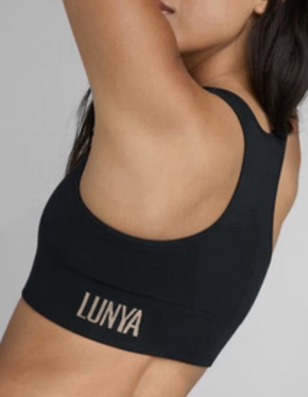 Lunya Seamless Sports Bra Model •S• Black with Tan Line Ribbed Tank Cropped EXC
